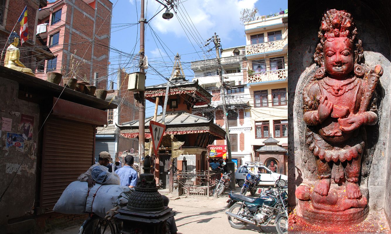 Kathmandu 04 01 Buddha, Hindu Temple, and Statue Near Kathesimbhu Stupa Just before reaching the Kathesimbhu Stupa, I think in Thahiti Tole, I admired Buddha watching over a Hindu Temple, and a small statue to the right of the temple. The statue looks like Mahakala, holding a chopper in his right hand, a skull cup in the left, and a mace under his left arm.